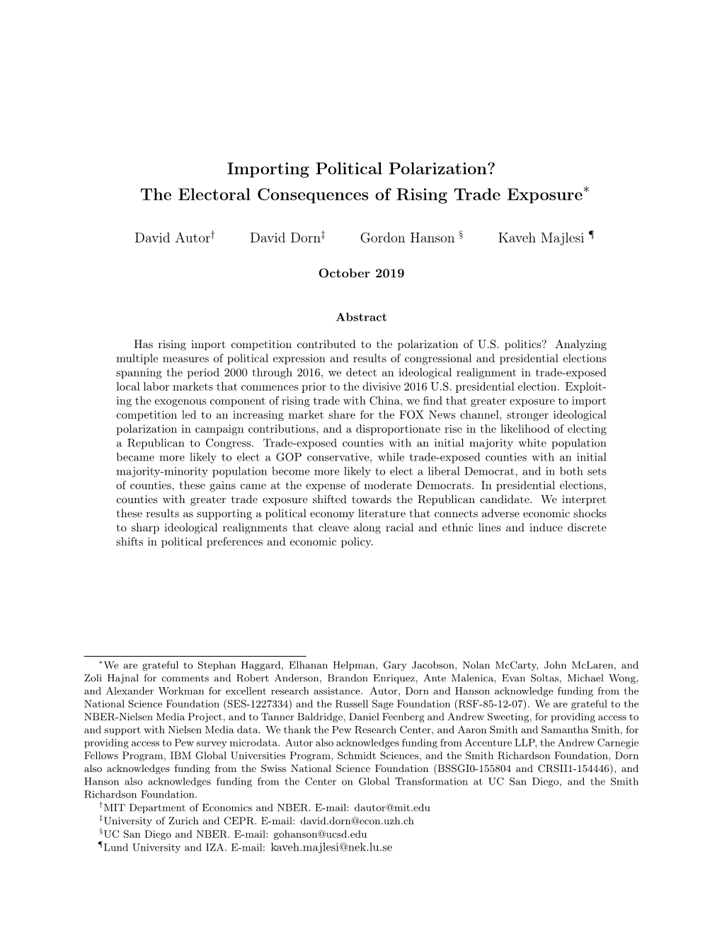 Importing Political Polarization? the Electoral Consequences of Rising Trade Exposure∗