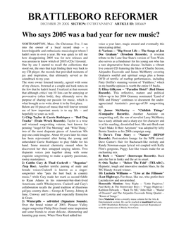 Brattleboro Reformer December 29, 2005 Section: Entertainment Article ID: 3183669