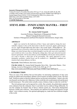 Steve Jobs – Innovation Mantra – First Innings