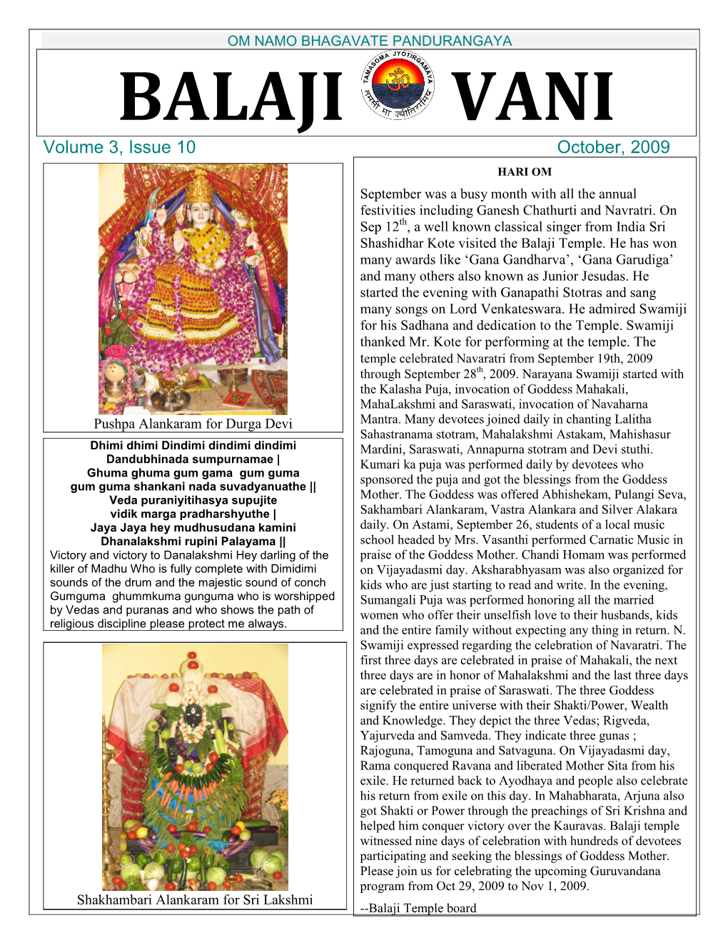 BALAJI VANI Volume 3, Issue 10 October, 2009