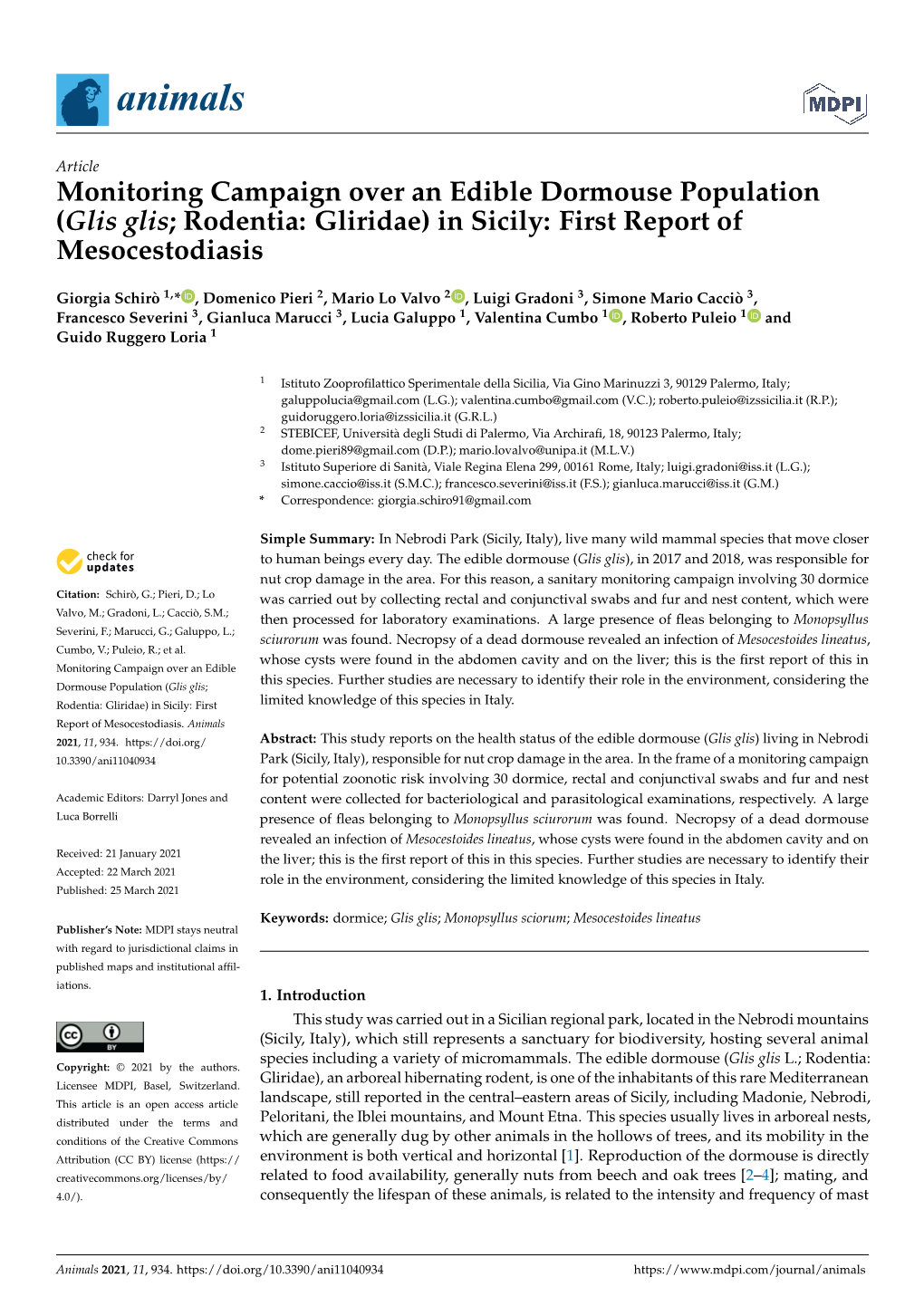 Monitoring Campaign Over an Edible Dormouse Population (Glis Glis; Rodentia: Gliridae) in Sicily: First Report of Mesocestodiasis