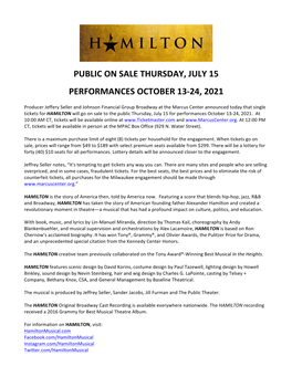 Public on Sale Thursday, July 15 Performances October