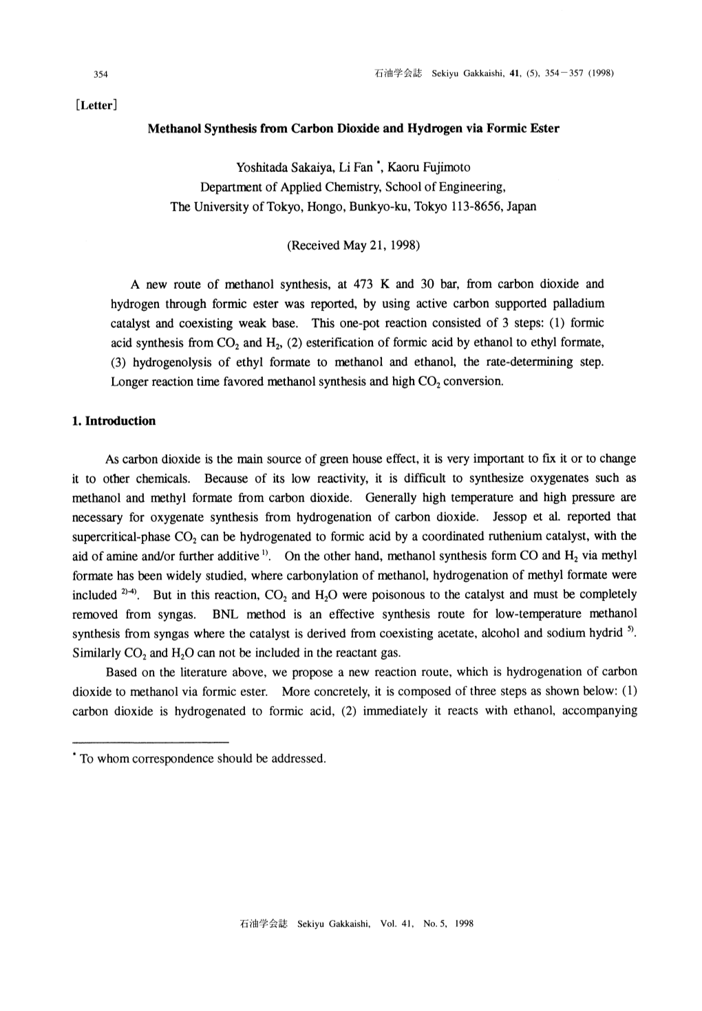 A New Route of Methanol Synthesis, at 473K and 30Bar, from Carbon