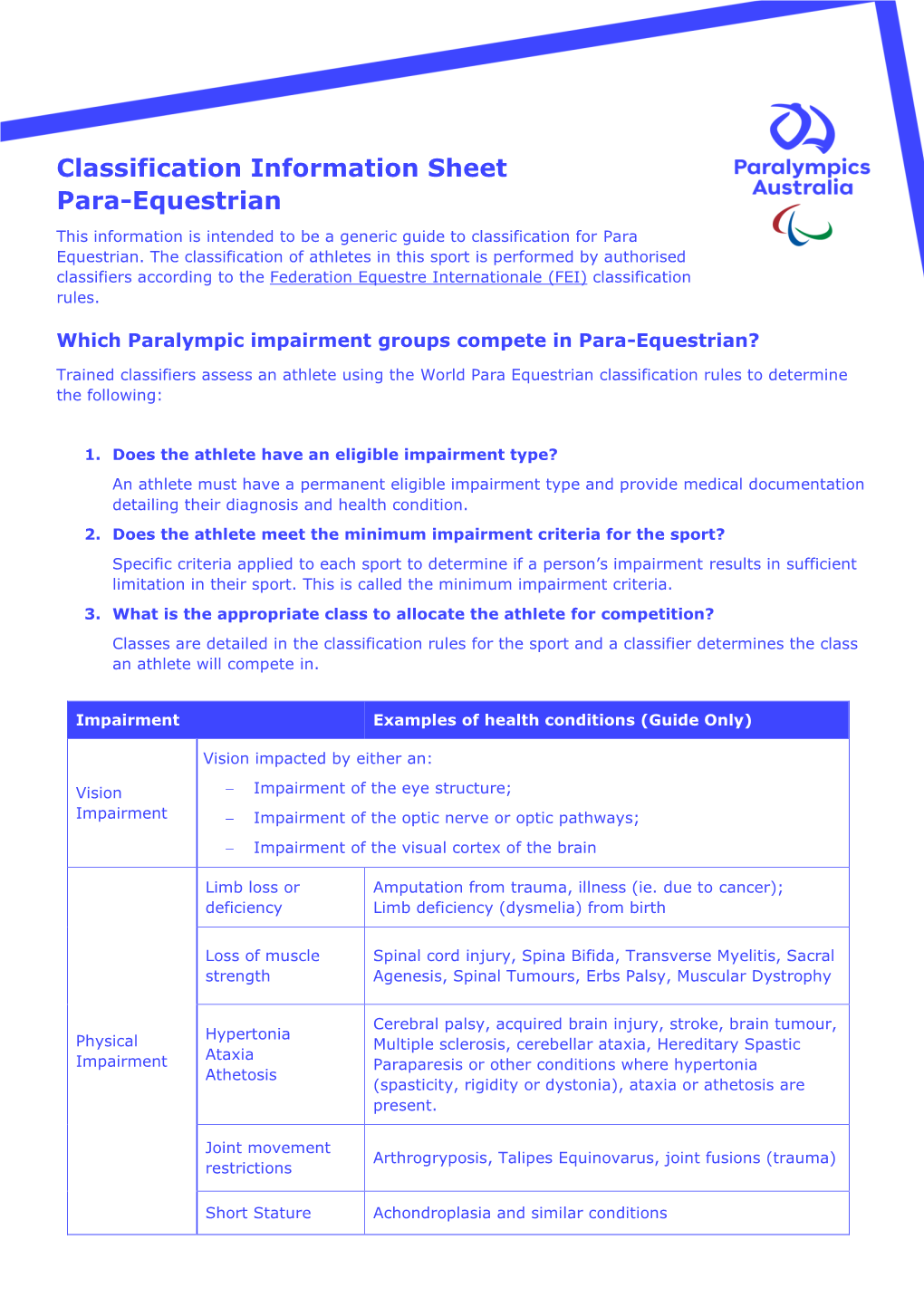 Para-Equestrian Classification Information Sheet