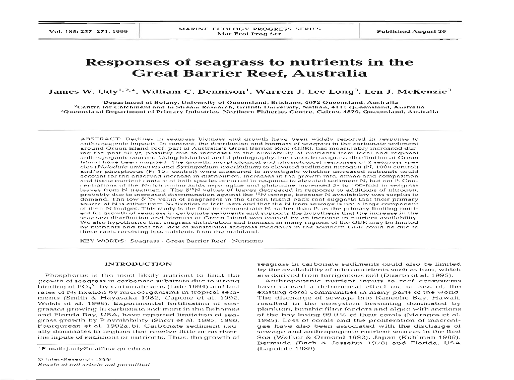 Responses of Seagrass to Nutrients in the Great Barrier Reef, Australia