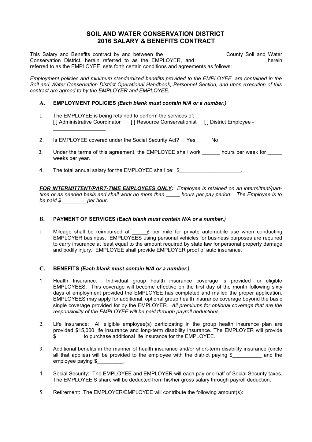 Soil and Water Conservation District Employment Contract