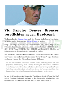 Vic Fangio: Denver Broncos Verpflichten Neuen Headcoach
