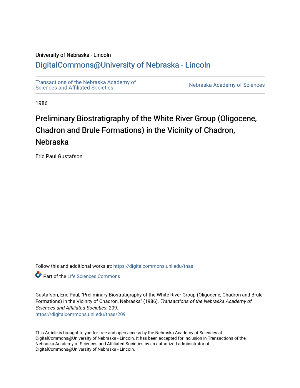 Preliminary Biostratigraphy of the White River Group (Oligocene, Chadron and Brule Formations) in the Vicinity of Chadron, Nebraska