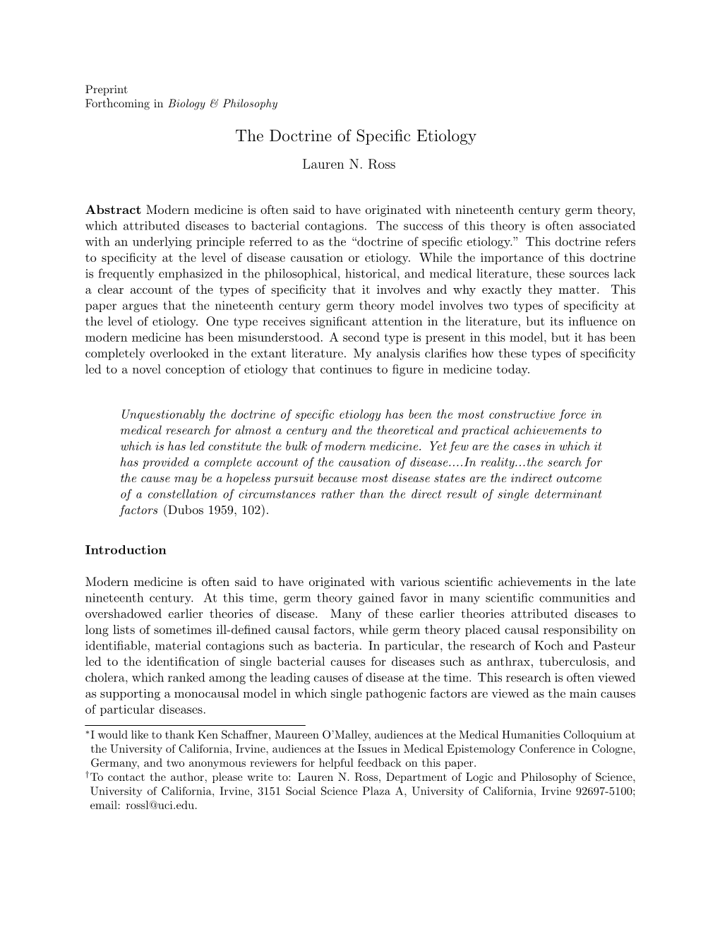 The Doctrine of Specific Etiology