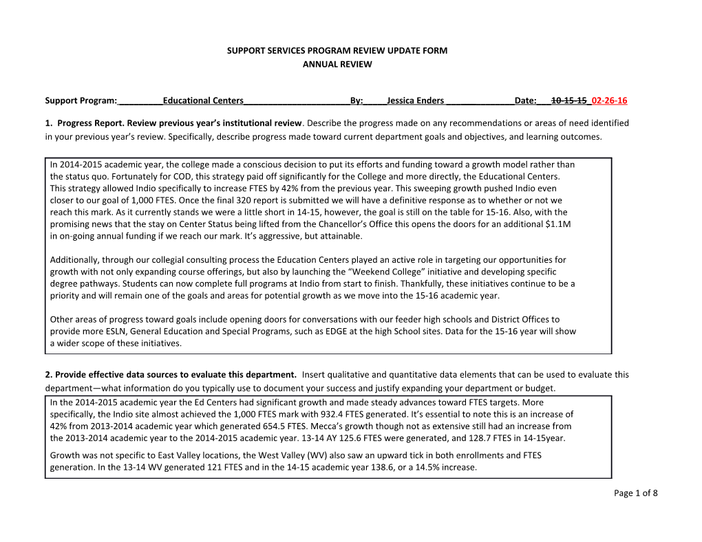 Support Services Program Review Update Form