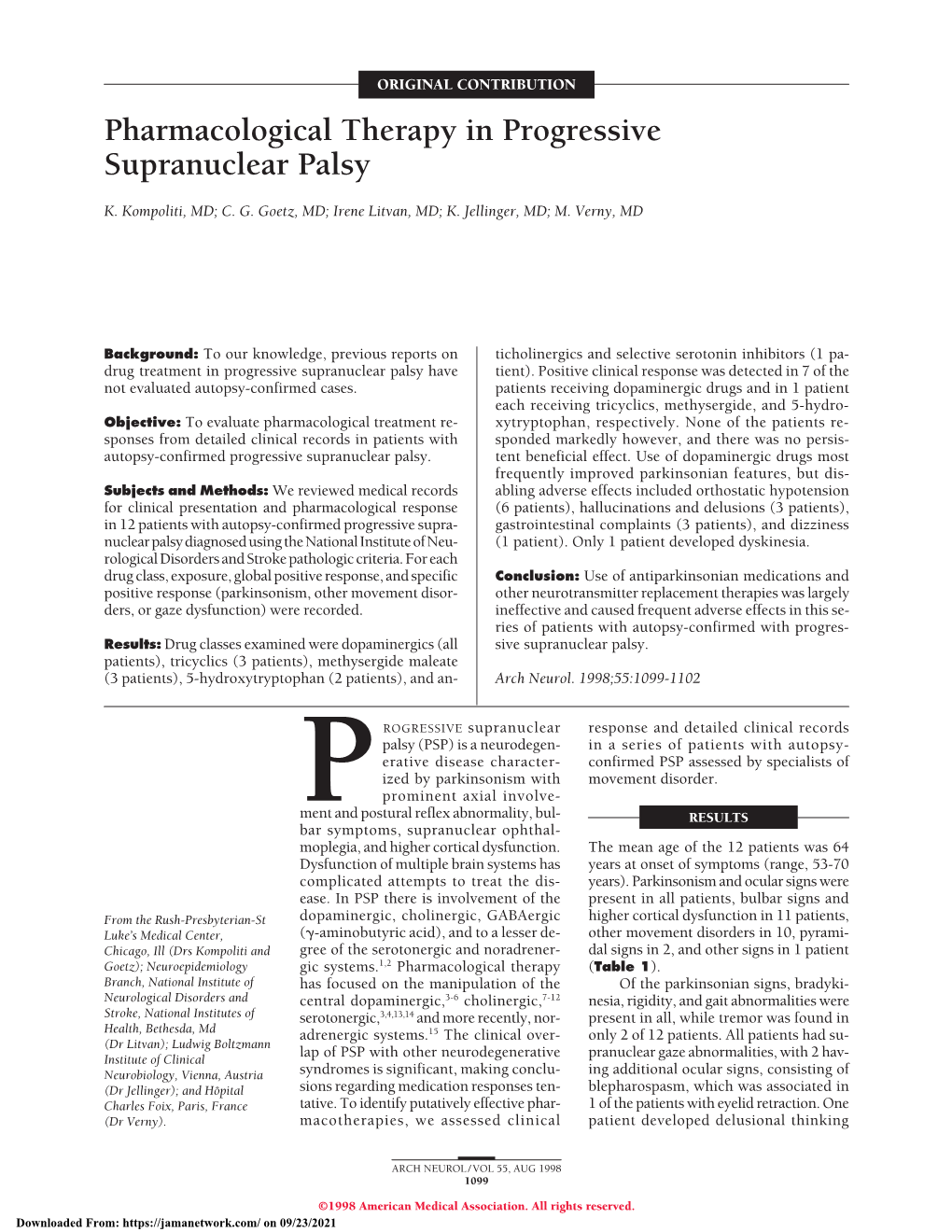 Pharmacological Therapy in Progressive Supranuclear Palsy