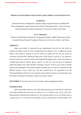 Profile of Consumers of Pre Owned Cars in Thiruvananthapuram City