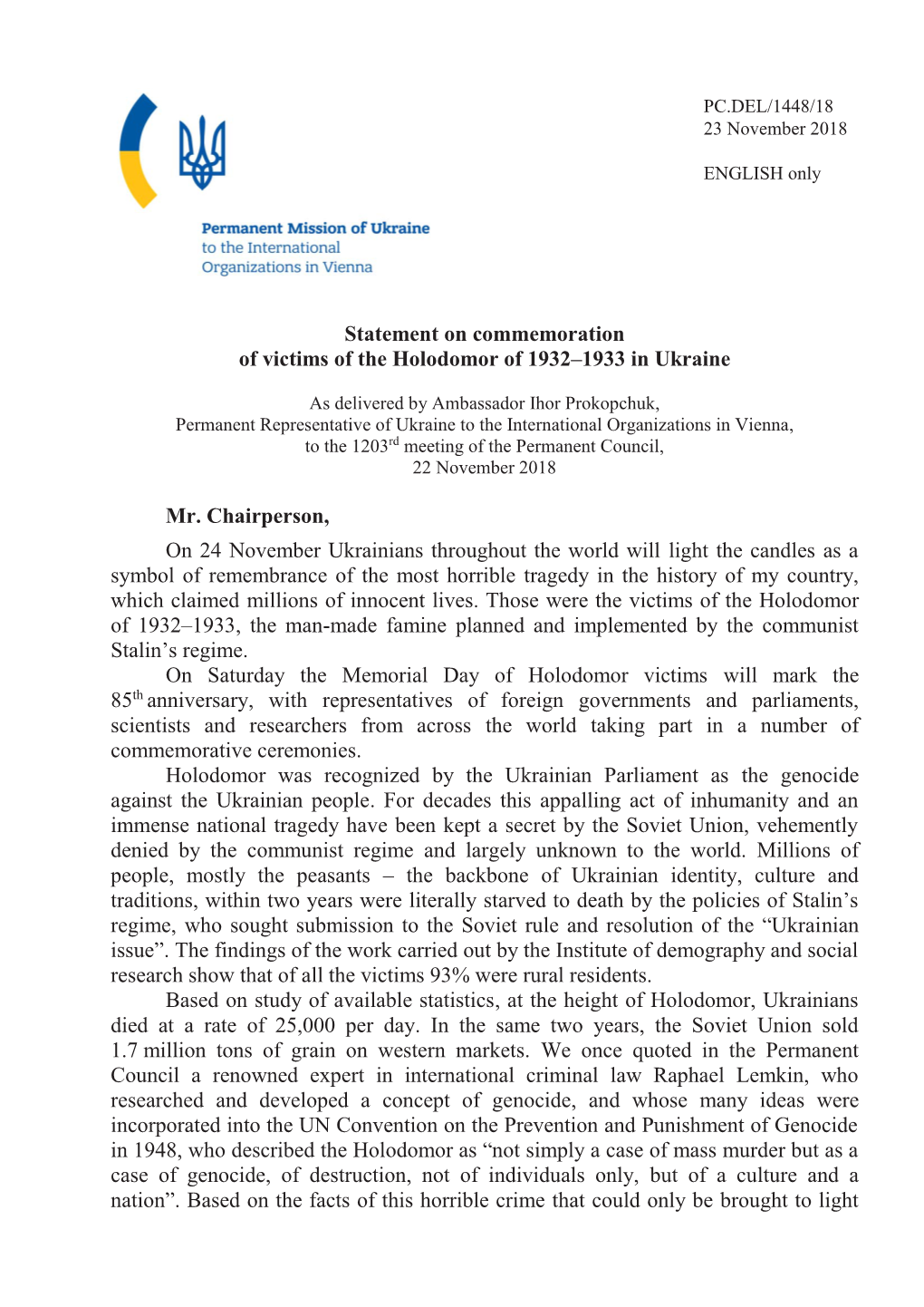 Statement on Commemoration of Victims of the Holodomor of 1932–1933 in Ukraine