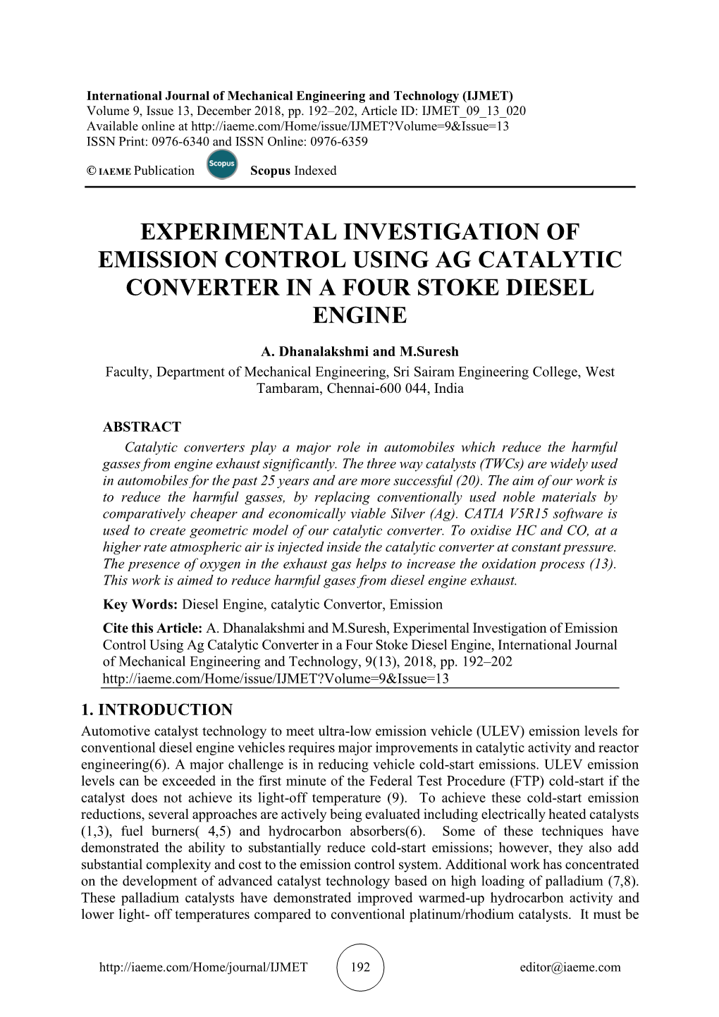 Experimental Investigation of Emission Control Using Ag Catalytic Converter in a Four Stoke Diesel Engine