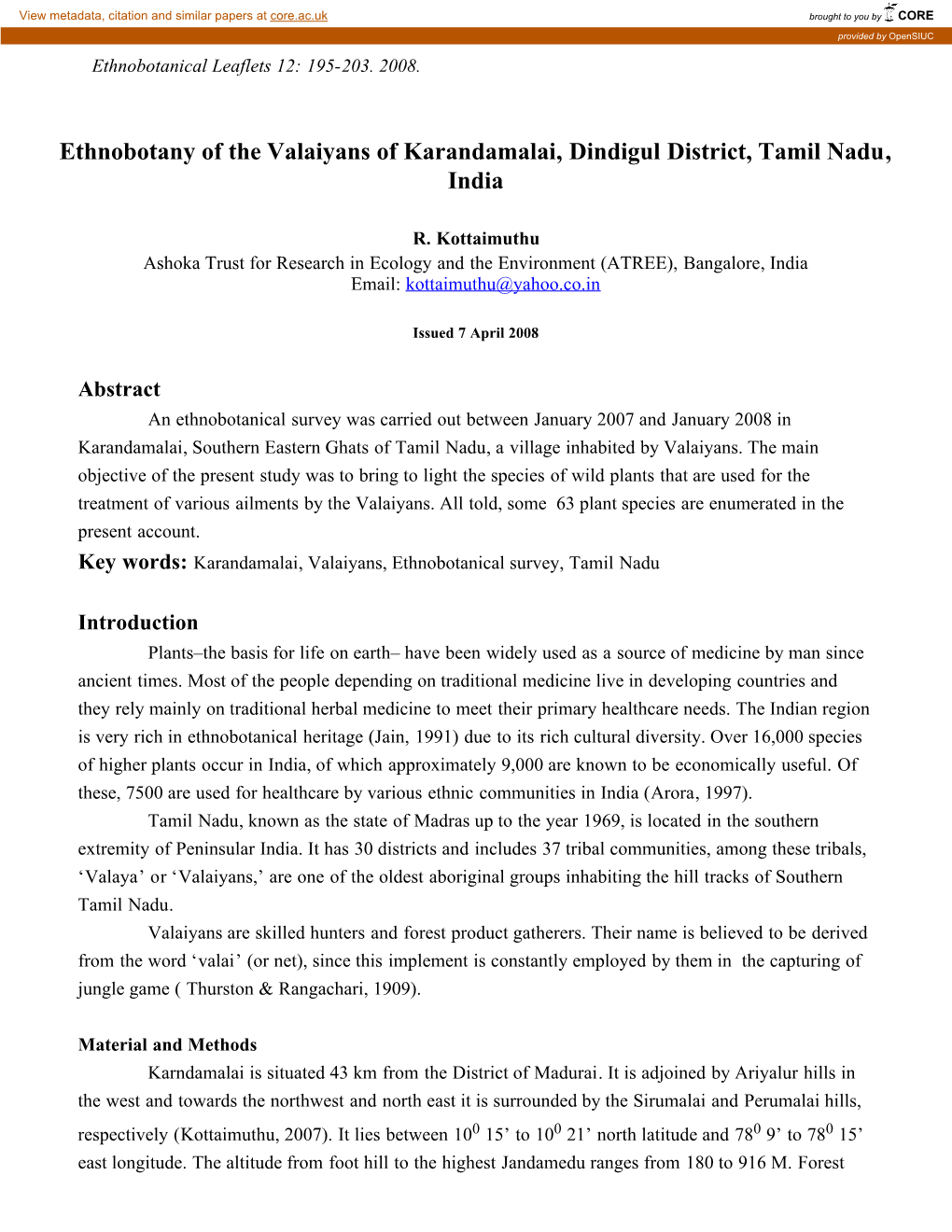 Ethnobotany of the Valaiyans of Karandamalai, Dindigul District, Tamil Nadu, India