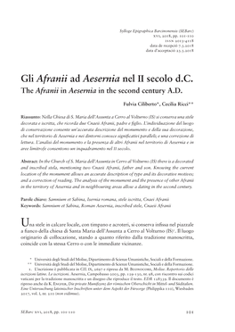 Gli Afranii Ad Aesernia Nel II Secolo D.C. the Afranii in Aesernia in the Second Century A.D