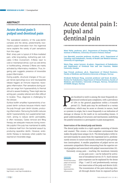Acute Dental Pain I: Pulpal and Dentinal Pain Pulpal And