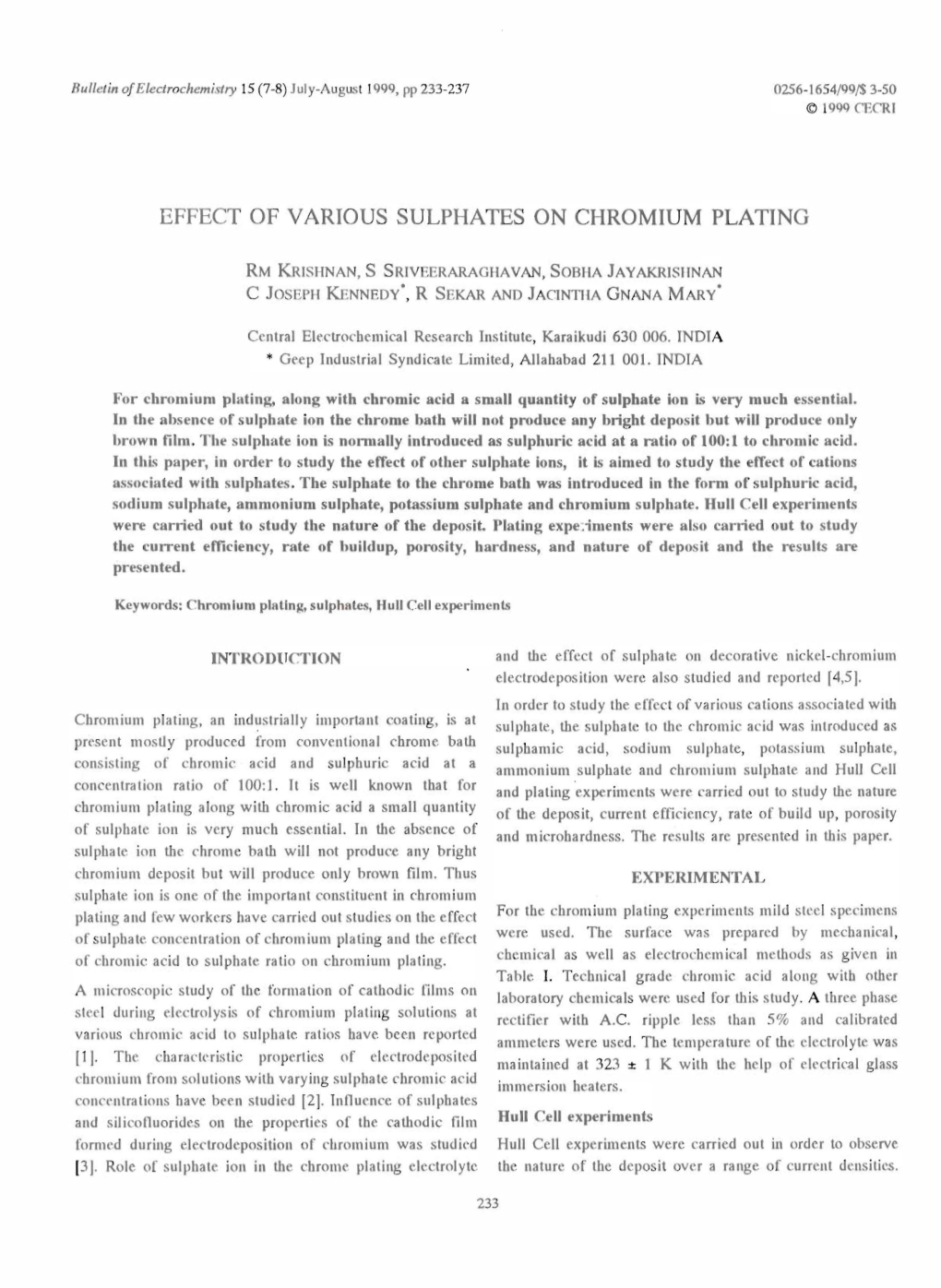 Effect of Various Sulphates on Chromium Plating