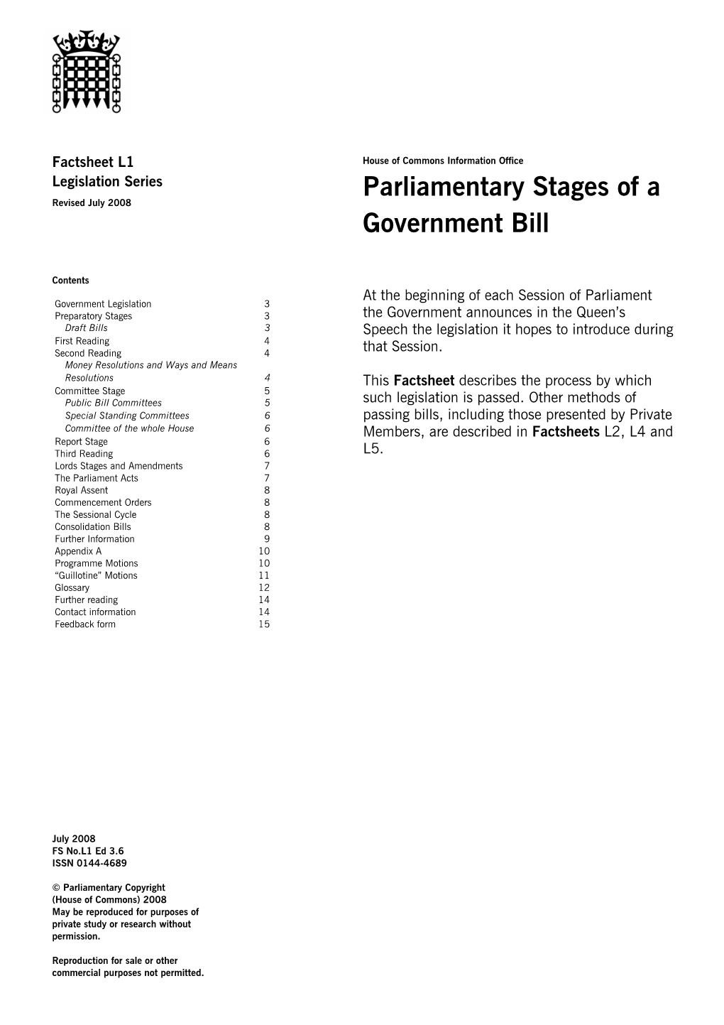Parliamentary Stages of a Government Bill House of Commons 3 Information Office Factsheet L1