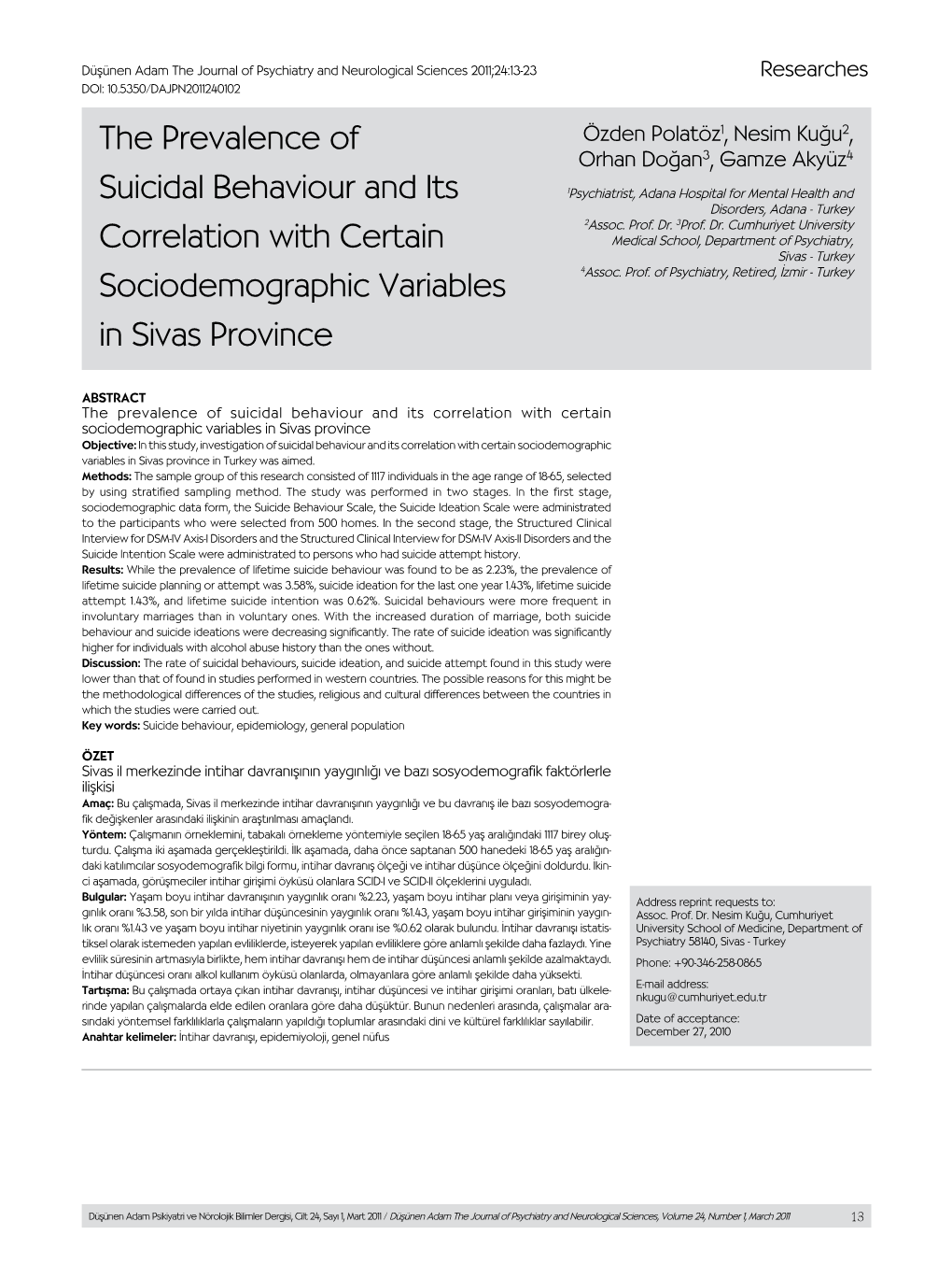 The Prevalence of Suicidal Behaviour and Its Correlation with Certain