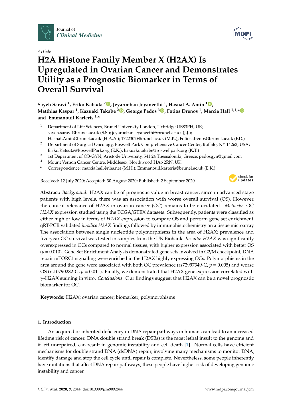 (H2AX) Is Upregulated in Ovarian Cancer and Demonstrates Utility As a Prognostic Biomarker in Terms of Overall Survival