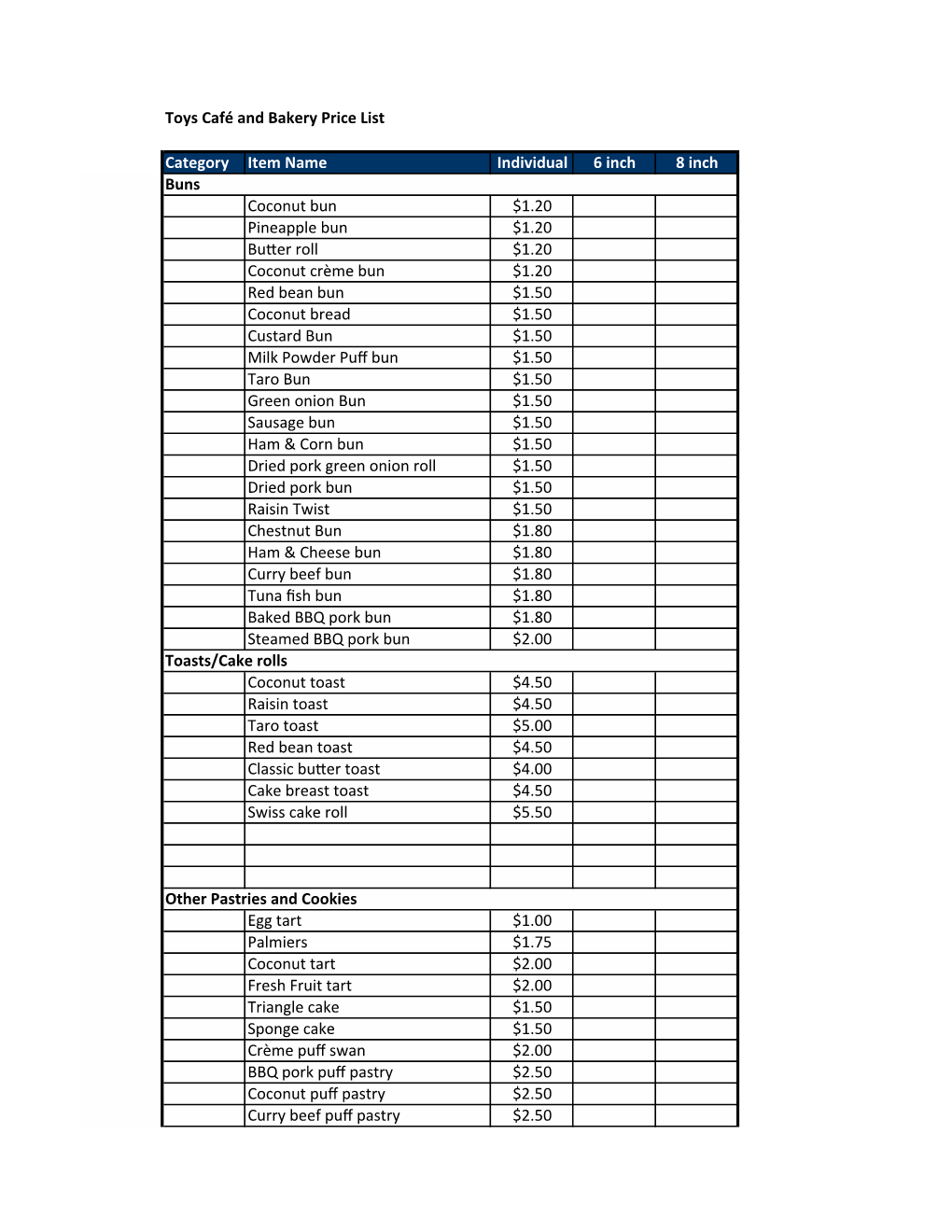 Toys Café and Bakery Price List Category Item Name Individual 6