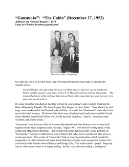 Gunsmoke”: “The Cabin” (December 27, 1952) Added to the National Registry: 2018 Essay by Charles Tranberg (Guest Post)*