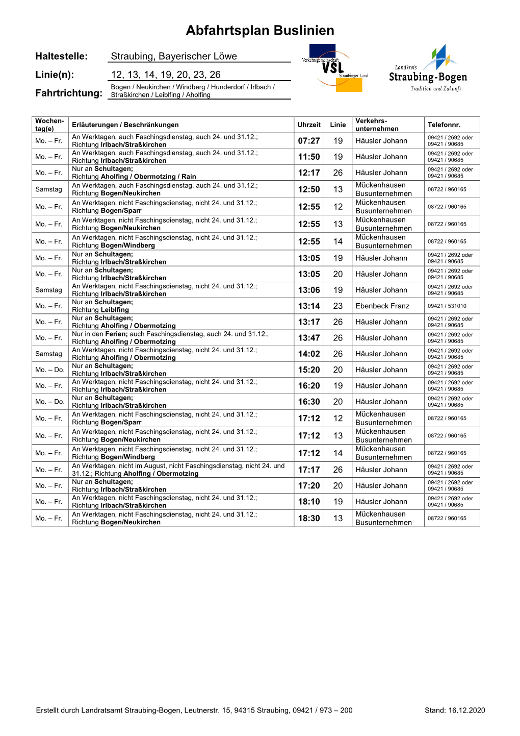 Abfahrtsplan Buslinien