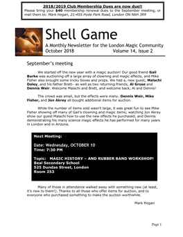 Shell Game a Monthly Newsletter for the London Magic Community October 2018 Volume 14, Issue 2