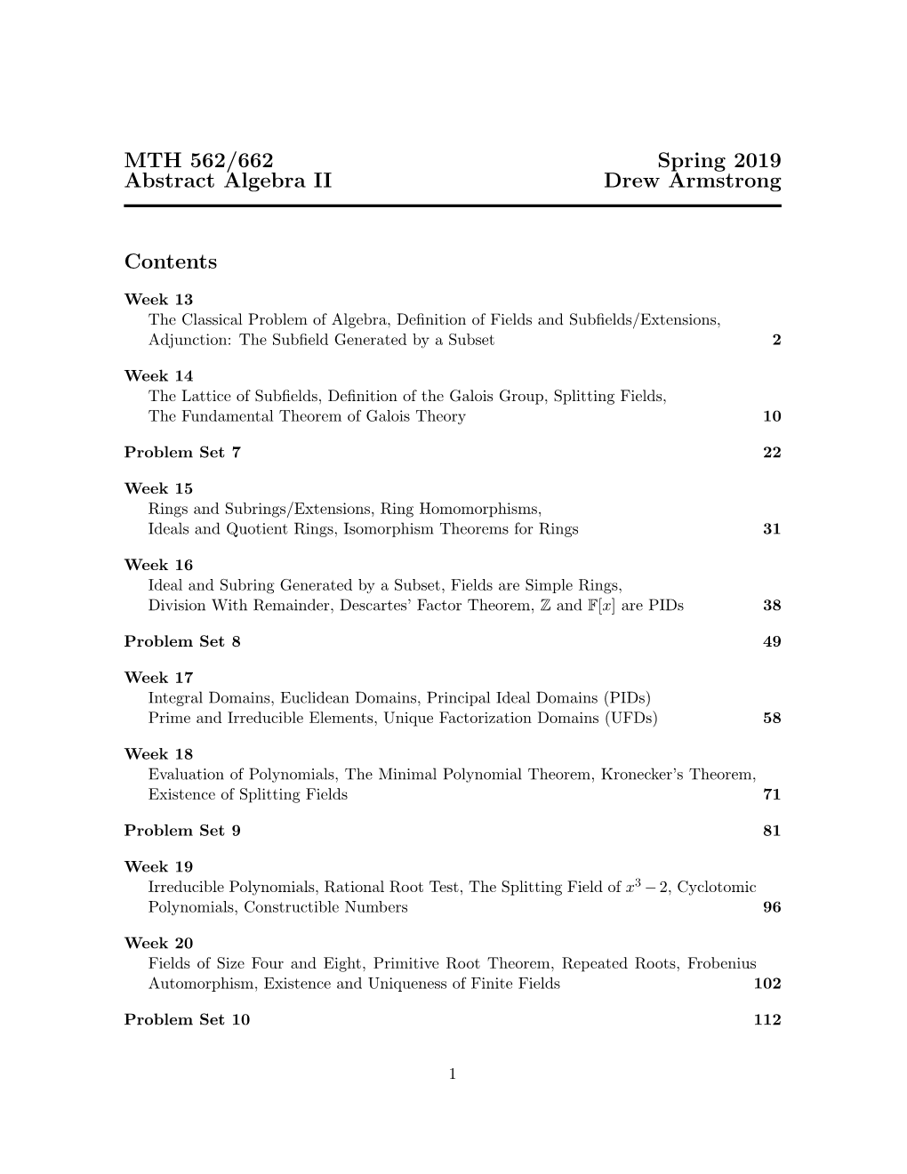 MTH 562/662 Spring 2019 Abstract Algebra II Drew Armstrong Contents
