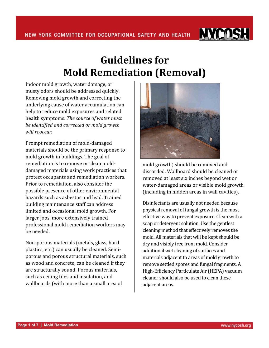 Guidelines for Mold Remediation (Removal) Indoor Mold Growth, Water Damage, Or Musty Odors Should Be Addressed Quickly