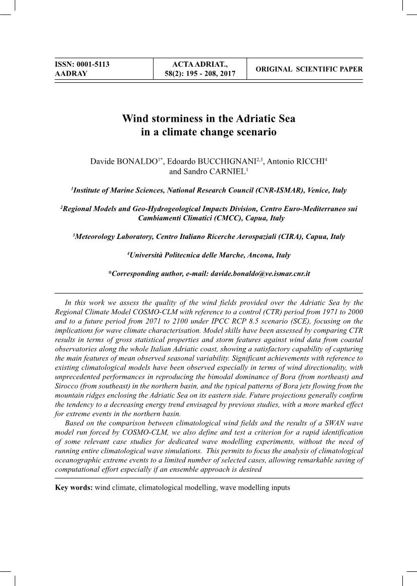Wind Storminess in the Adriatic Sea in a Climate Change Scenario