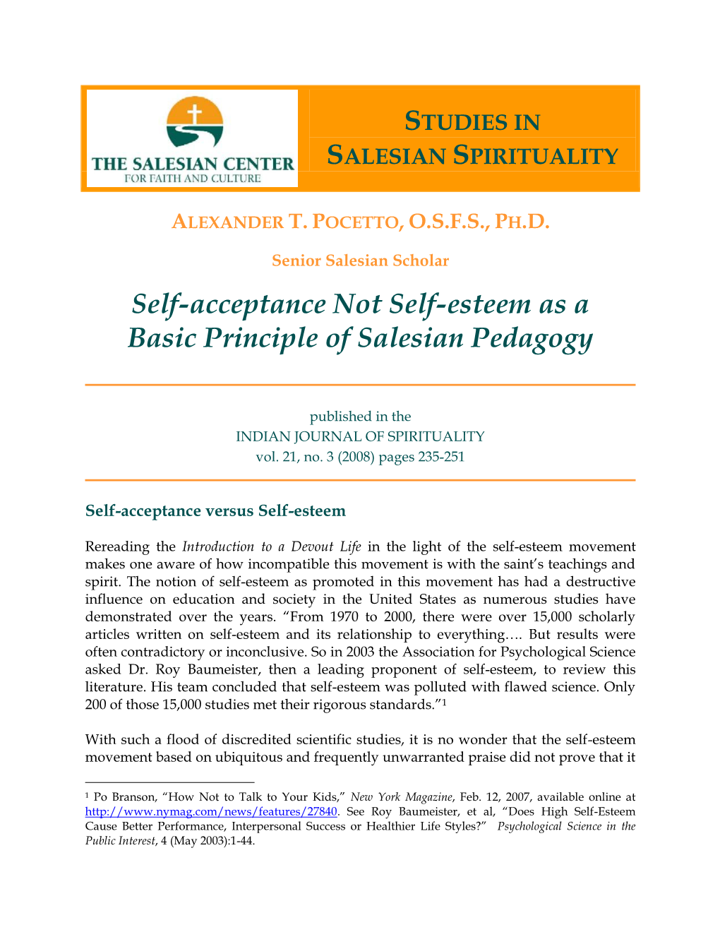Self-Acceptance Not Self-Esteem As a Basic Principle of Salesian Pedagogy