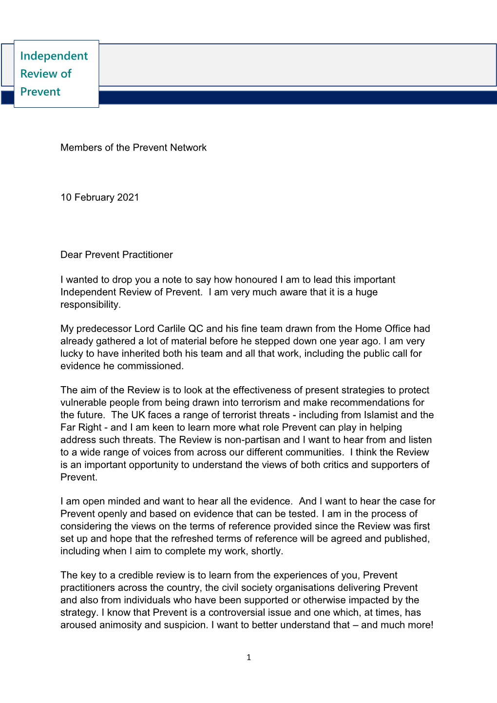 Letter from William Shawcross to the Prevent Network