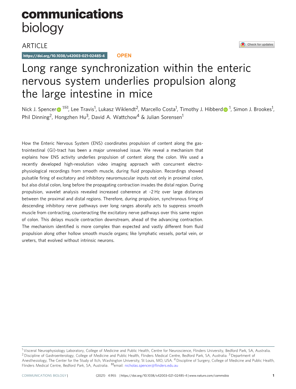 Long Range Synchronization Within the Enteric Nervous System Underlies Propulsion Along the Large Intestine in Mice ✉ Nick J