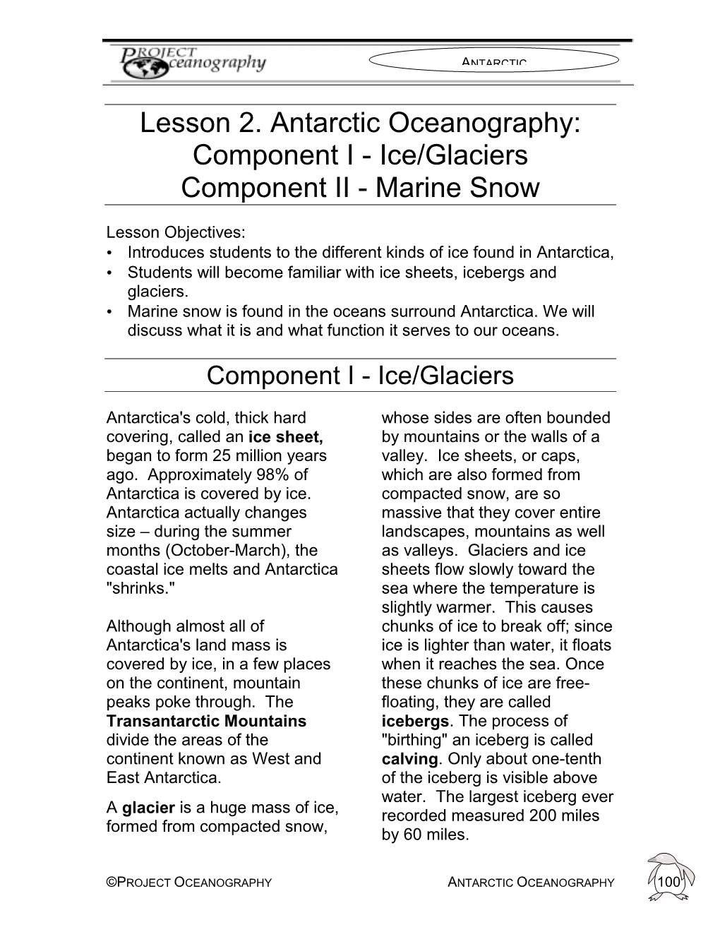 Lesson 2. Antarctic Oceanography: Component I - Ice/Glaciers Component II - Marine Snow
