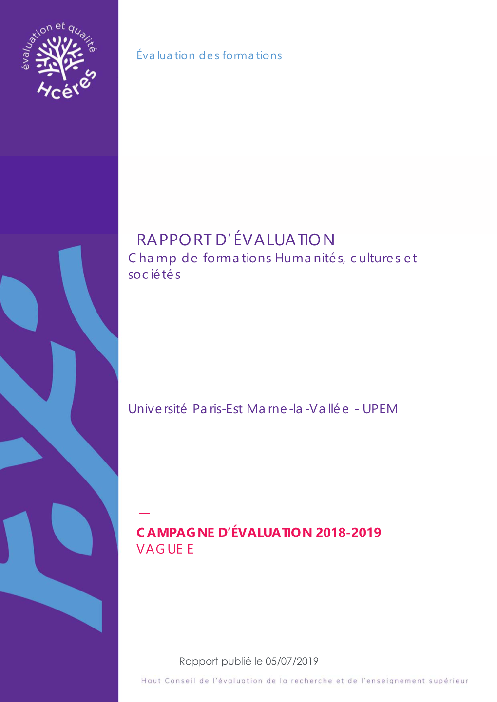 RAPPORT D'évaluation Champ De Formations Humanités, Cultures Et