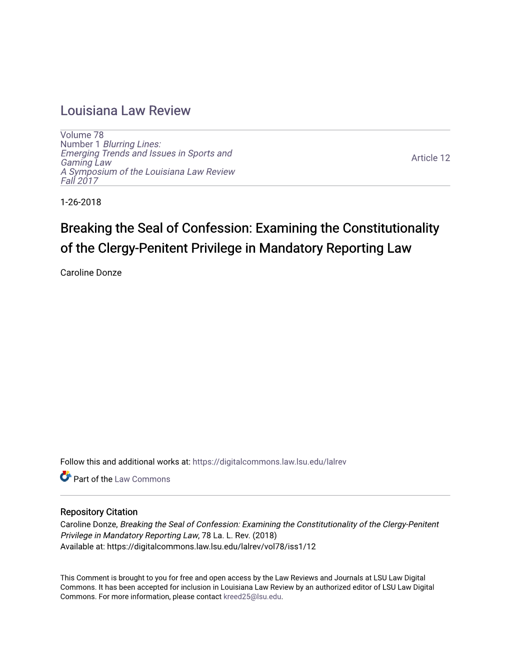 Examining the Constitutionality of the Clergy-Penitent Privilege in Mandatory Reporting Law