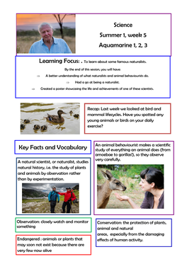 Science Summer 1, Week 5 Aquamarine 1, 2, 3 Key Facts And