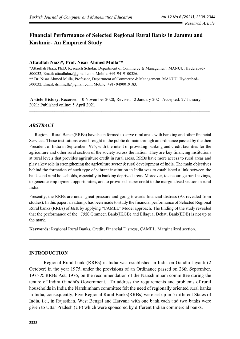 Financial Performance of Selected Regional Rural Banks in Jammu and Kashmir- an Empirical Study