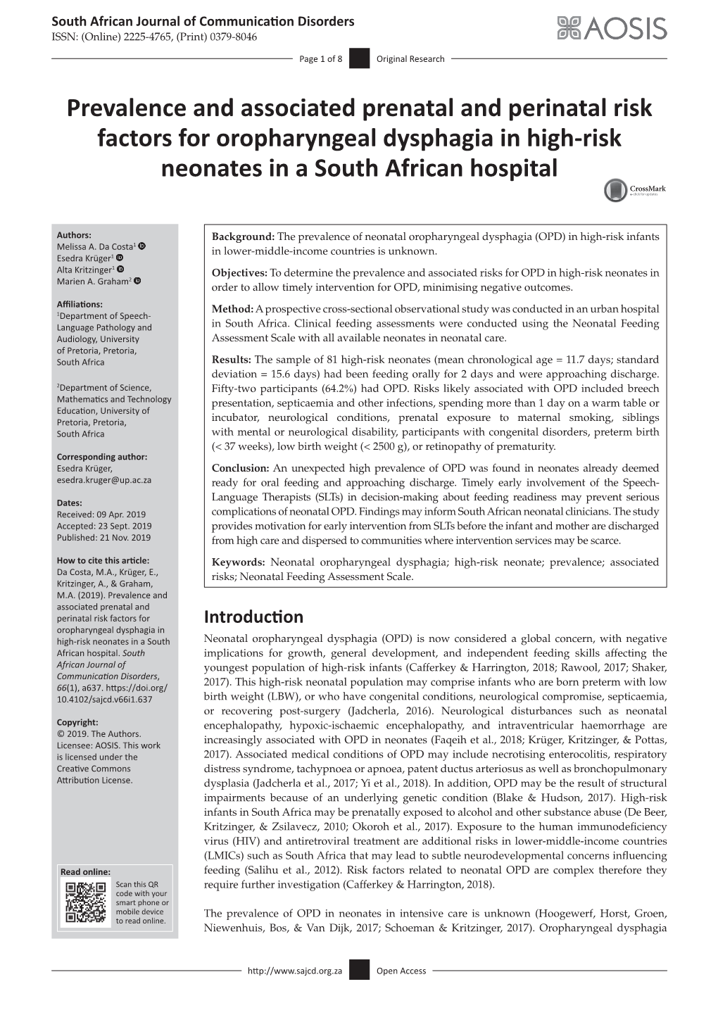 Prevalence and Associated Prenatal and Perinatal Risk Factors for Oropharyngeal Dysphagia in High-Risk Neonates in a South African Hospital
