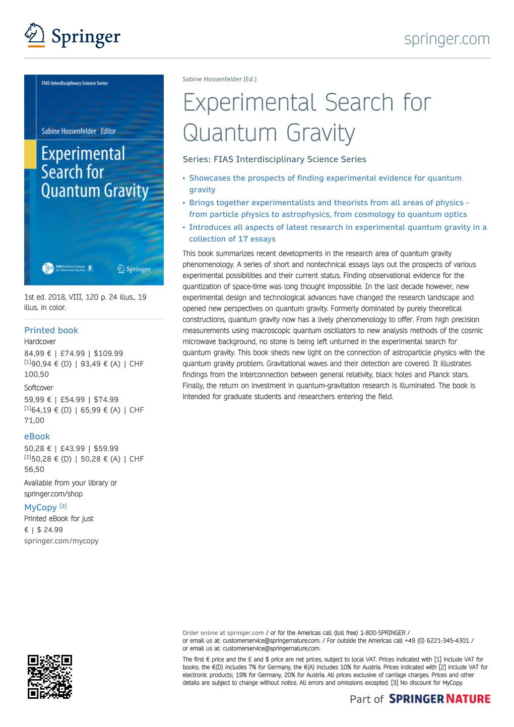 Experimental Search for Quantum Gravity Series: FIAS Interdisciplinary Science Series