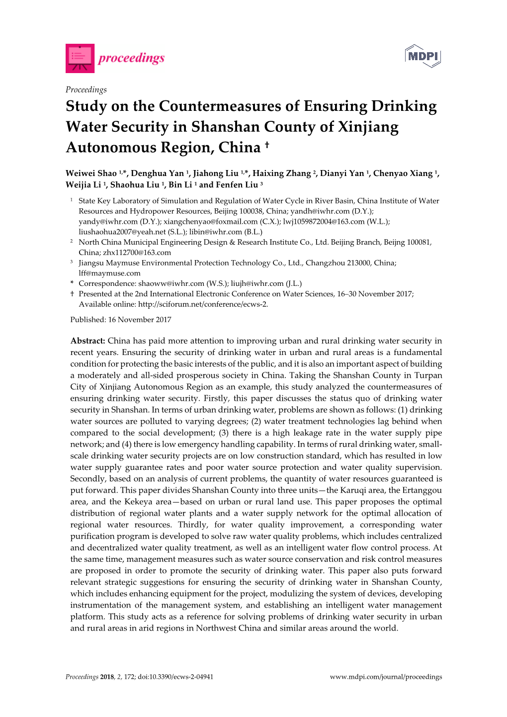 Study on the Countermeasures of Ensuring Drinking Water Security in Shanshan County of Xinjiang Autonomous Region, China †