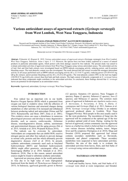 Various Antioxidant Assays of Agarwood Extracts (Gyrinops Versteegii) from West Lombok, West Nusa Tenggara, Indonesia