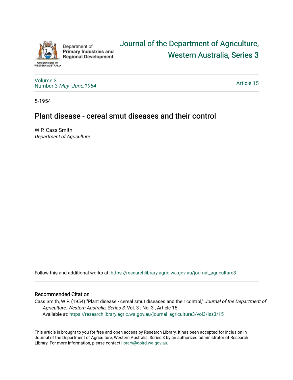 Plant Disease - Cereal Smut Diseases and Their Control
