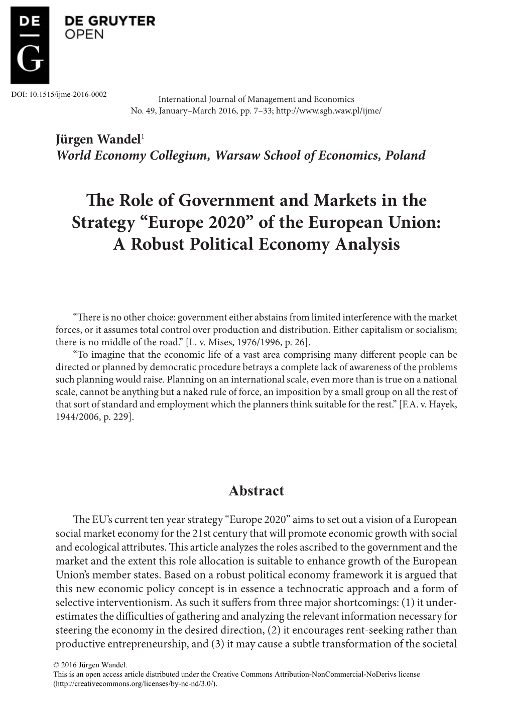 The Role of Government and Markets in the Strategy “Europe 2020” of the European Union: a Robust Political Economy Analysis