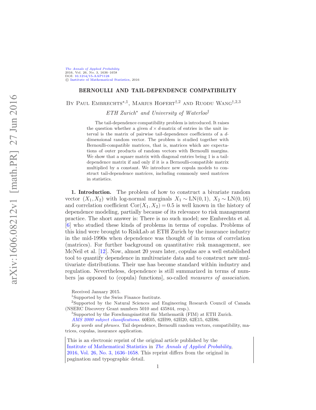 BERNOULLI and TAIL-DEPENDENCE COMPATIBILITY 3 Random Vectors Are Deﬁned