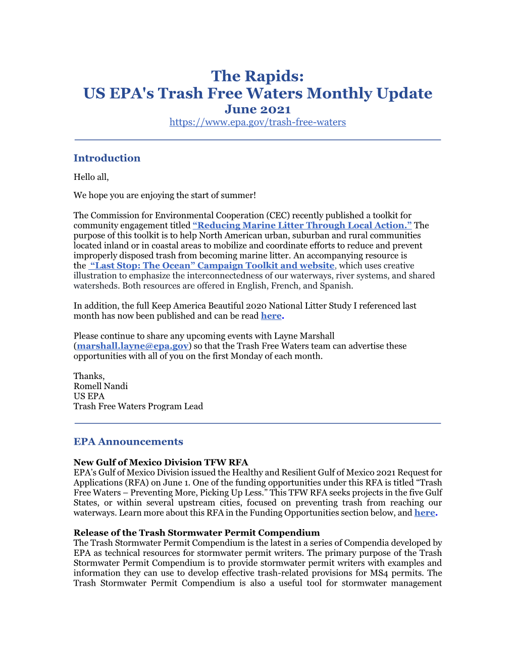 The Rapids: US EPA's Trash Free Waters Monthly Update June 2021