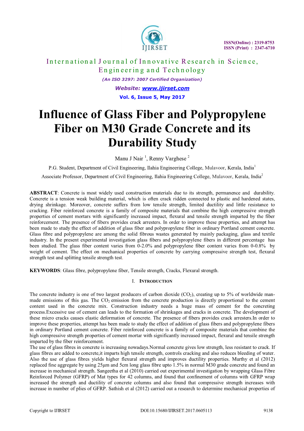 Influence of Glass Fiber and Polypropylene Fiber on M30 Grade Concrete and Its Durability Study