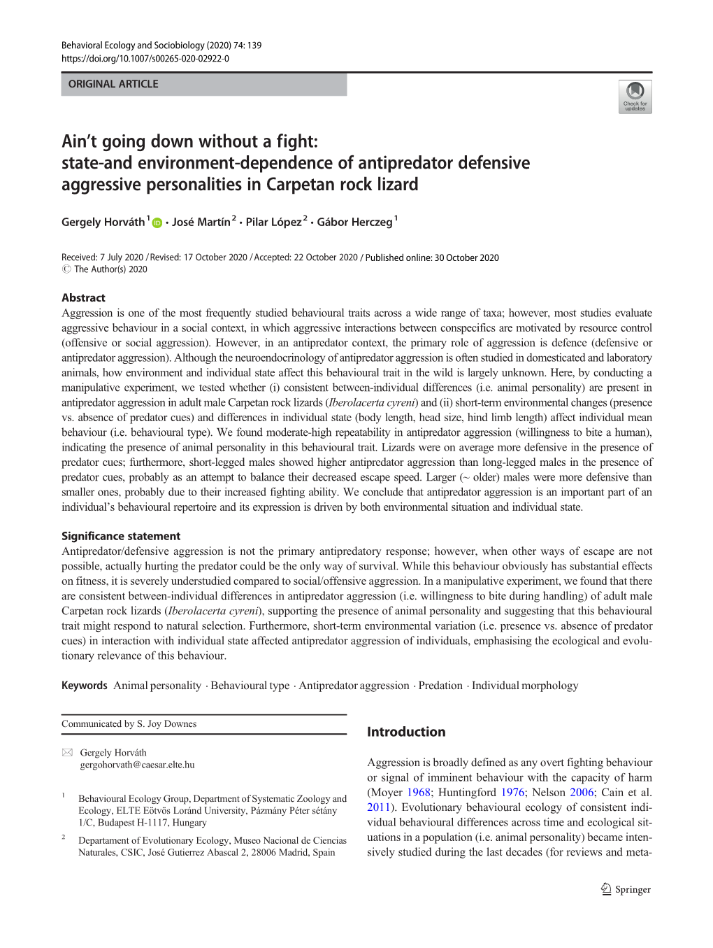 State-And Environment-Dependence of Antipredator Defensive Aggressive Personalities in Carpetan Rock Lizard